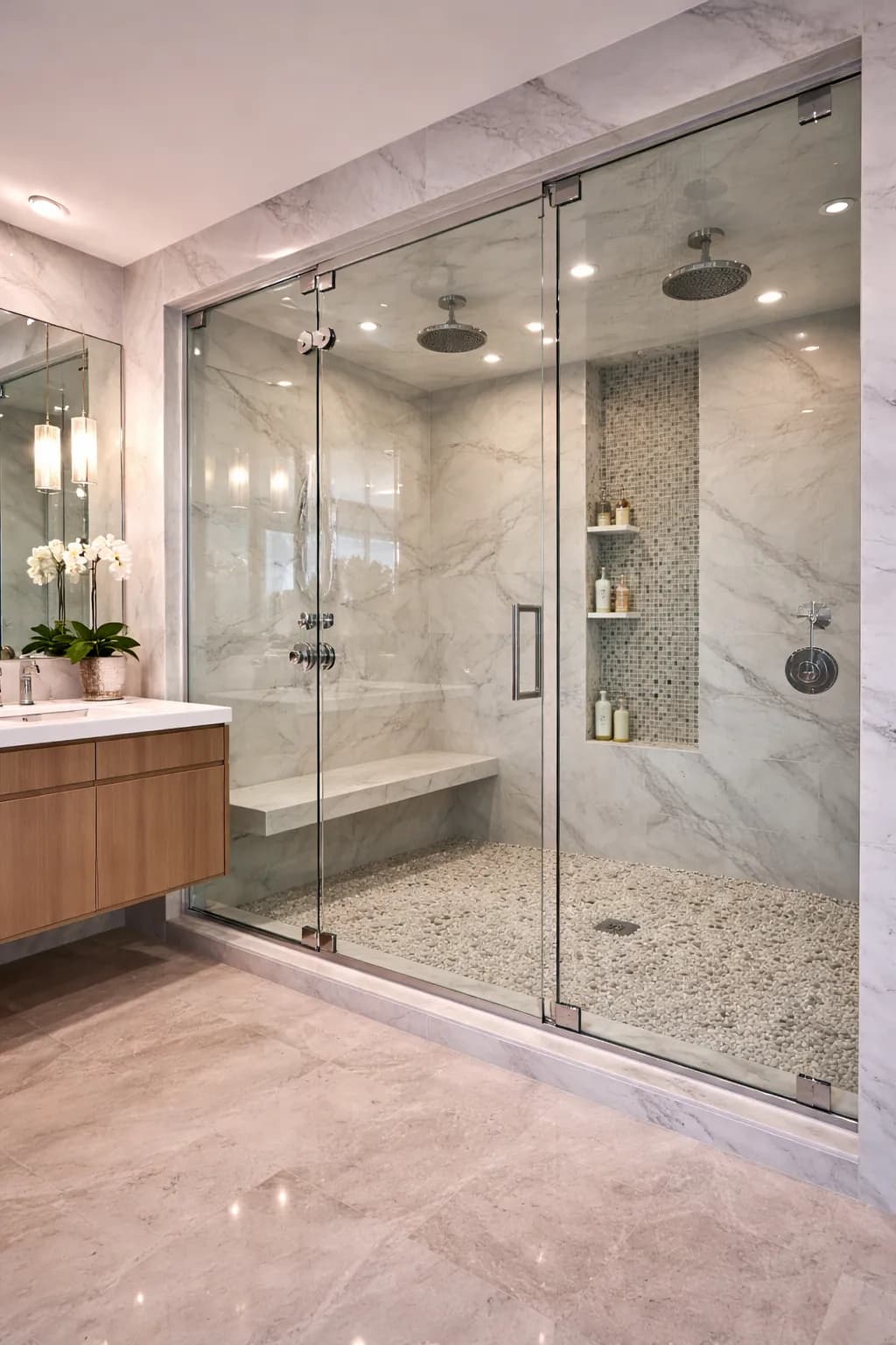 Frameless glass shower enclosure and mirrors in luxury bathroom